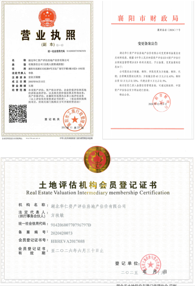 華仁資產(chǎn)評(píng)估房地產(chǎn)估價(jià)有限公司營業(yè)執(zhí)照、資產(chǎn)評(píng)估備案公告、土地評(píng)估機(jī)構(gòu)登記證書